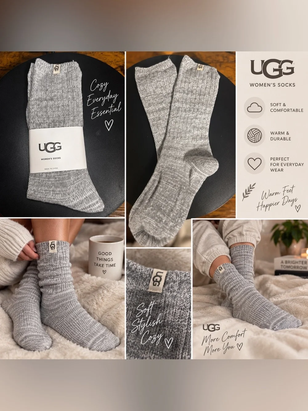 UGG Women's Heather Gray Ribbed Cozy Socks